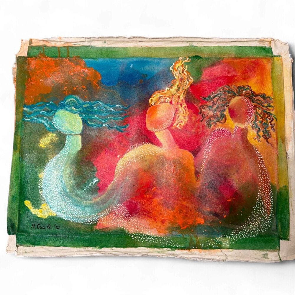 Original Abstract painting three stylized figures vibrant colors signed vintage